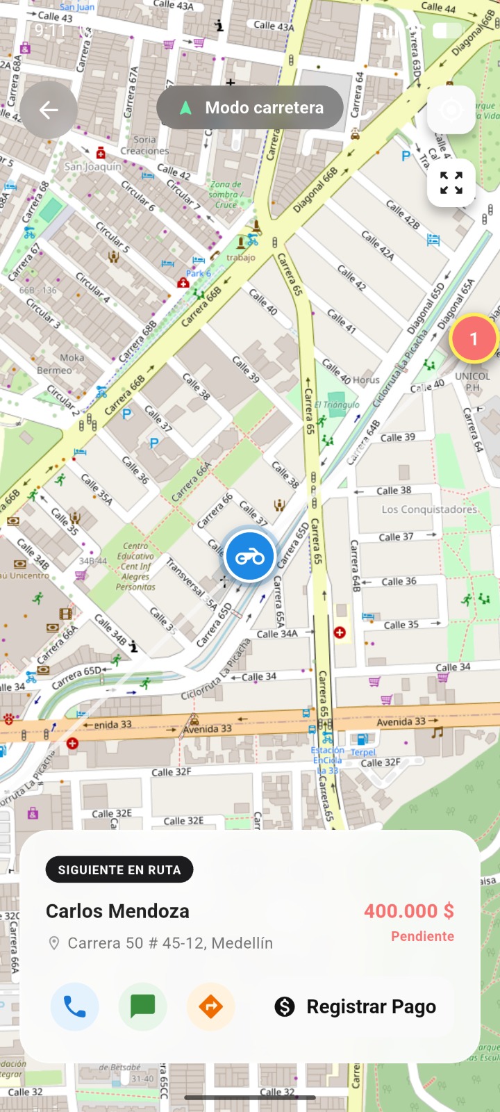 Modo carretera de CrediRuta: mapa con la moto, la ruta y la tarjeta del cliente
