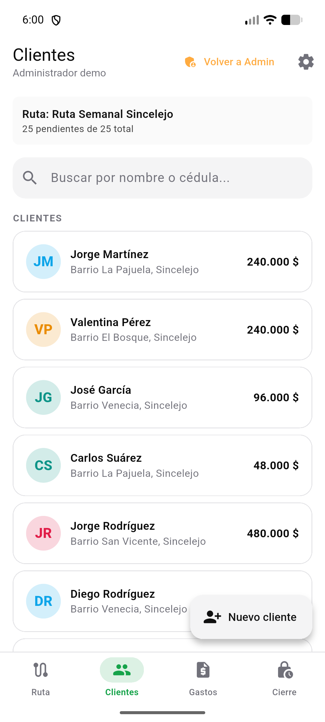 Clientes en ruta